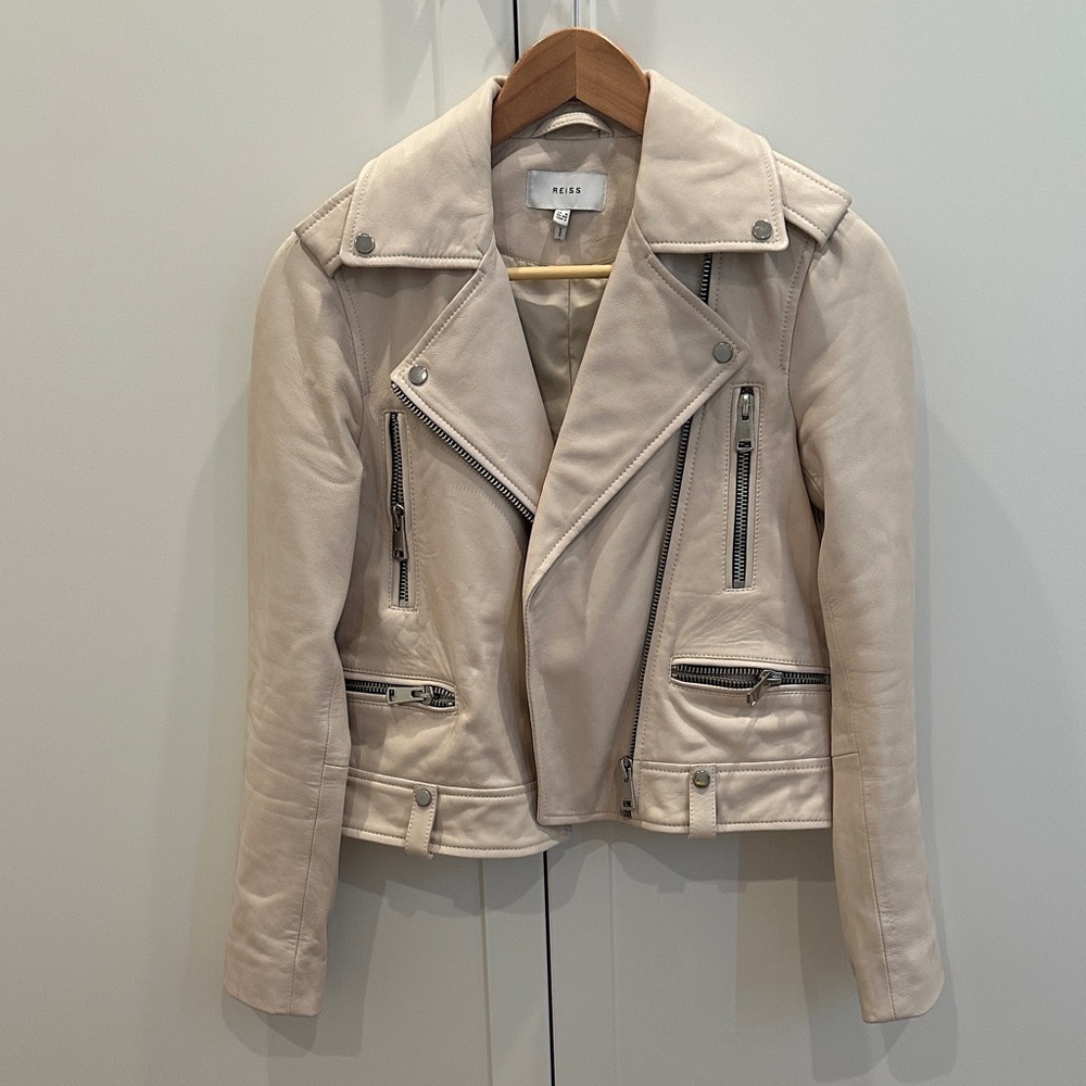 Reiss Women's Cream Leather Moto Jacket